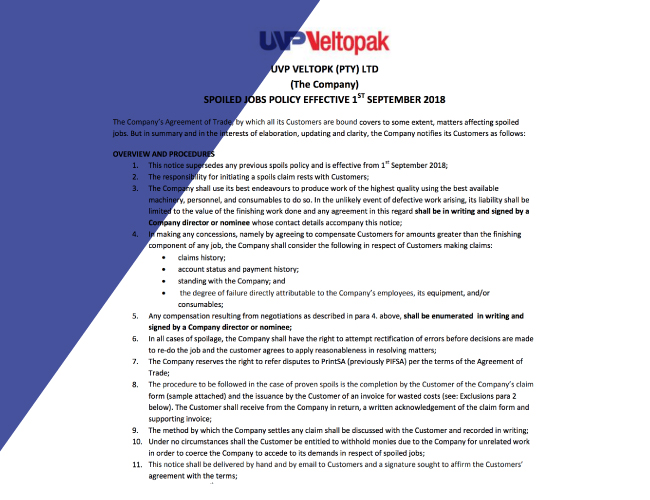 Spoiled Jobs Policy Effective 1st September 2018